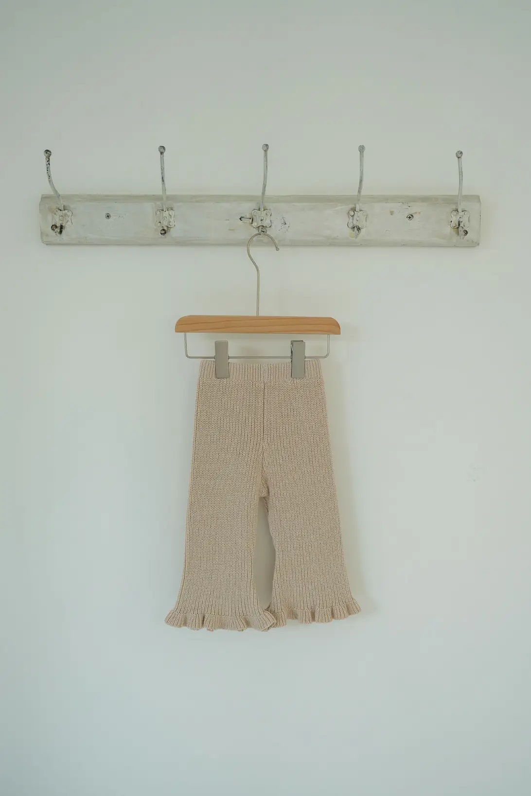 Beige Ruffle Knit Pants for girls with flared legs and ruffle hems