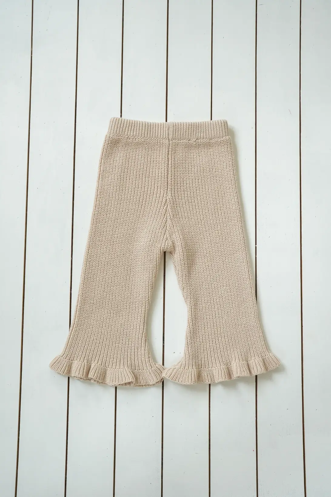 Beige Ruffle Knit Pants for girls with flared legs and ruffle hems