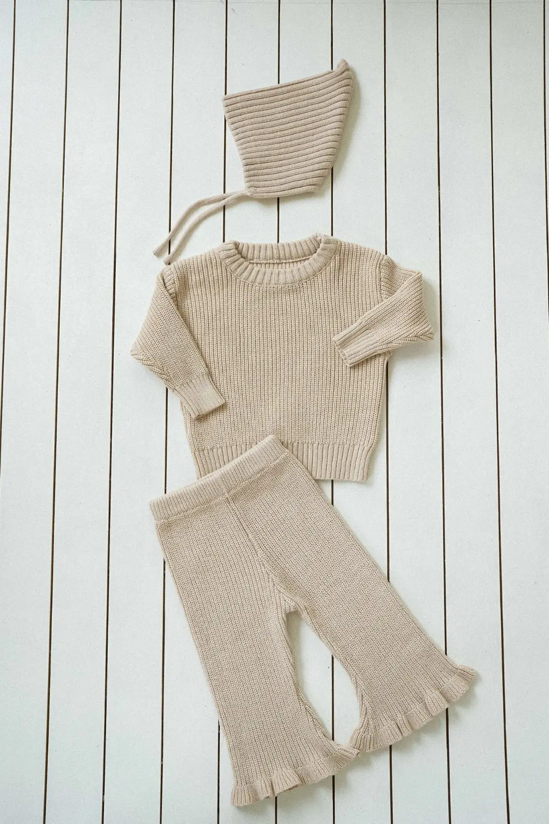 kids cotton knit sweater Beige Ruffle Knit Pants for girls with flared legs and ruffle hems