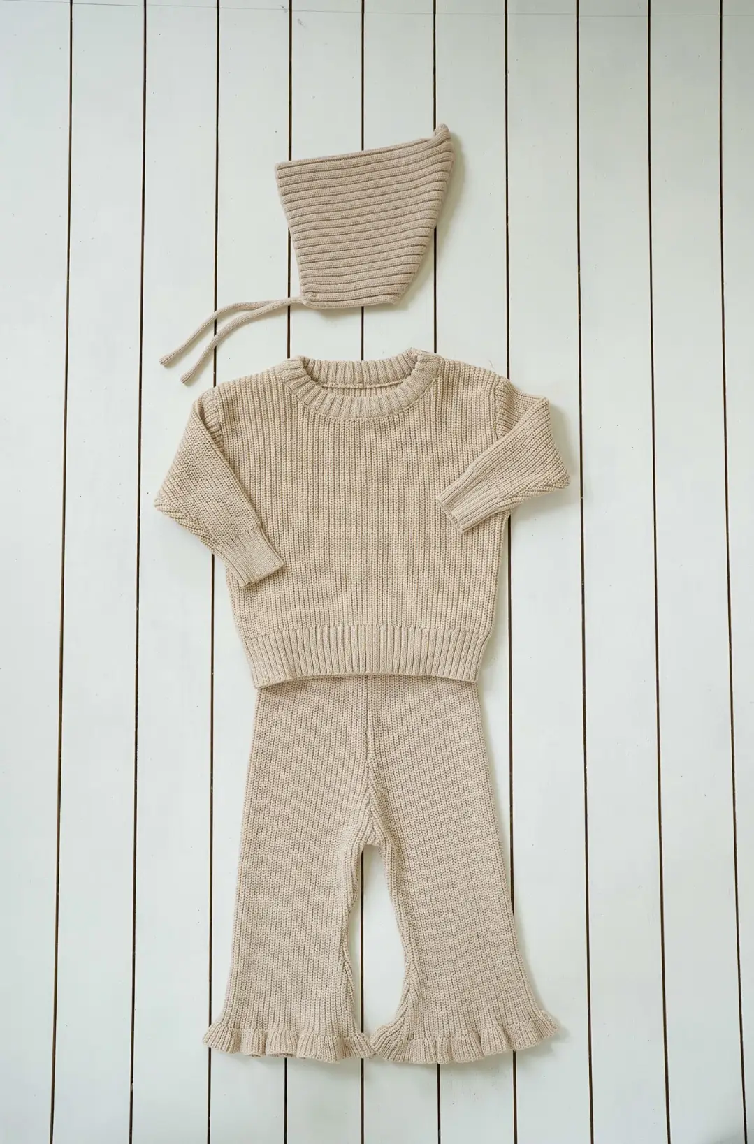 Beige Ruffle Knit Pants for girls with flared legs and ruffle hems