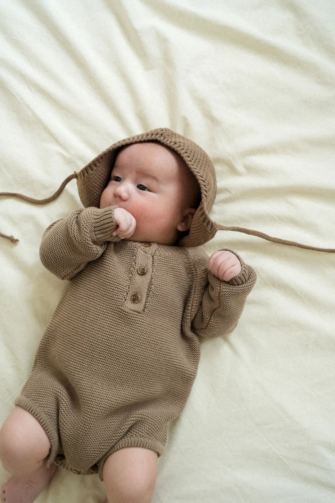Brown Cozy Bonnet for baby with tie straps