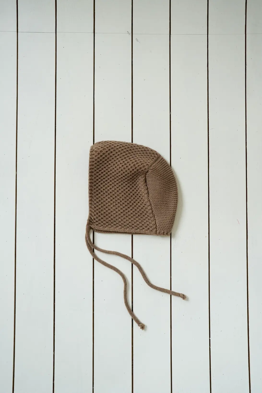 Brown Cozy Bonnet for baby with tie straps