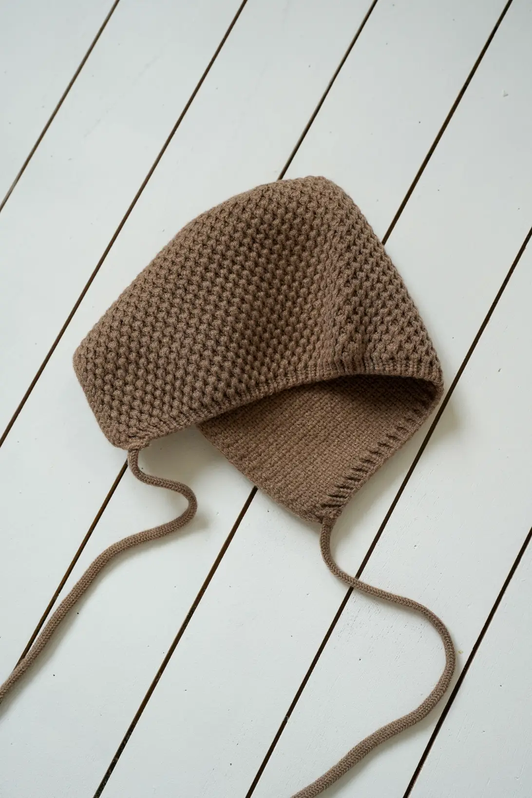 Brown Cozy Bonnet for baby with tie straps