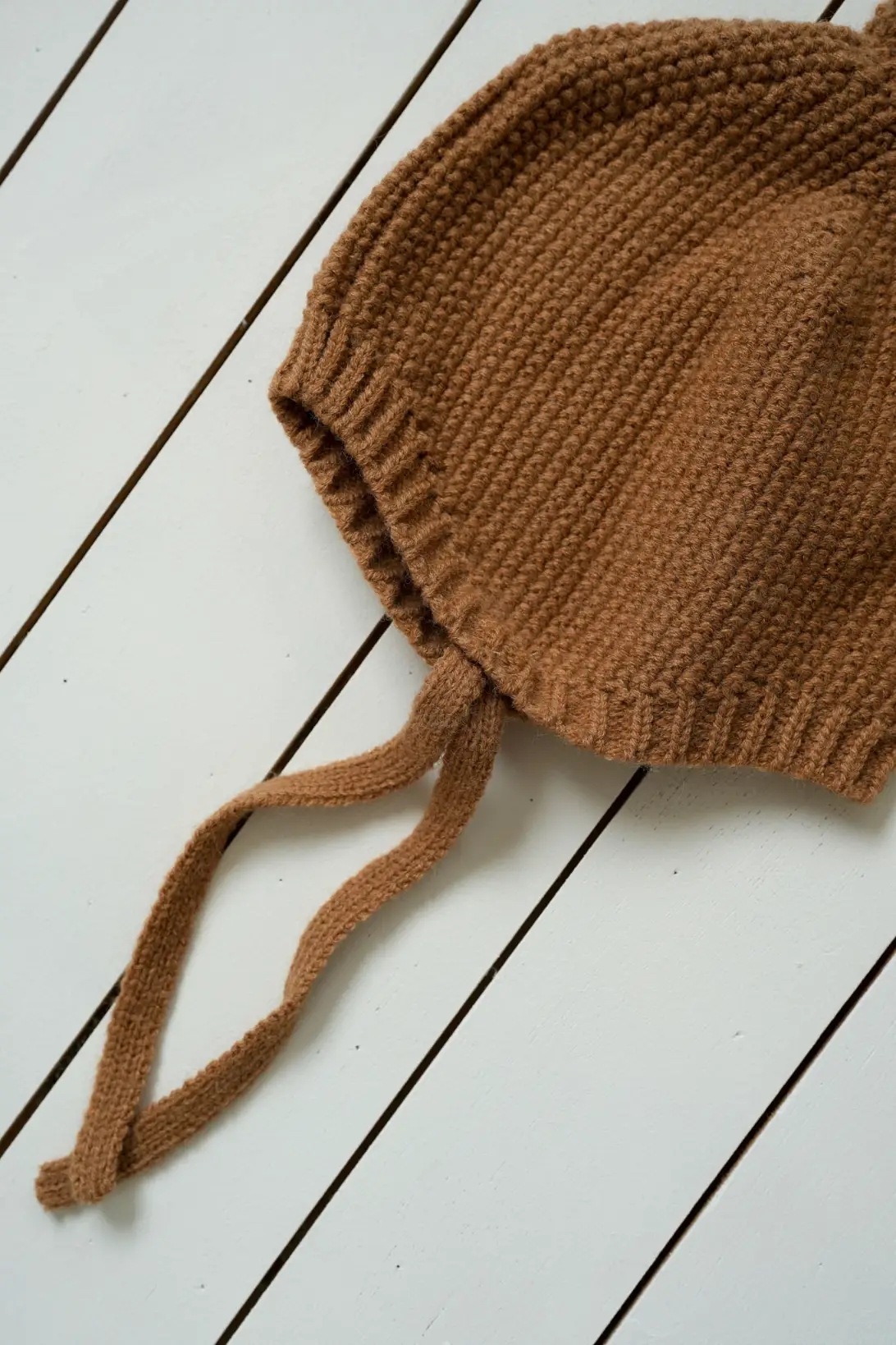 Cream and brown knitted Acorn bonnets for babies