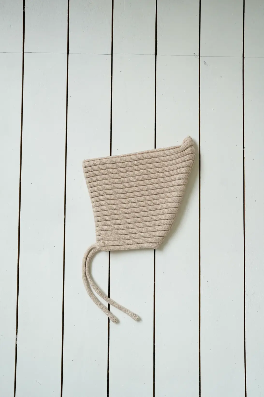 Beige ribbed knit baby pixie bonnet