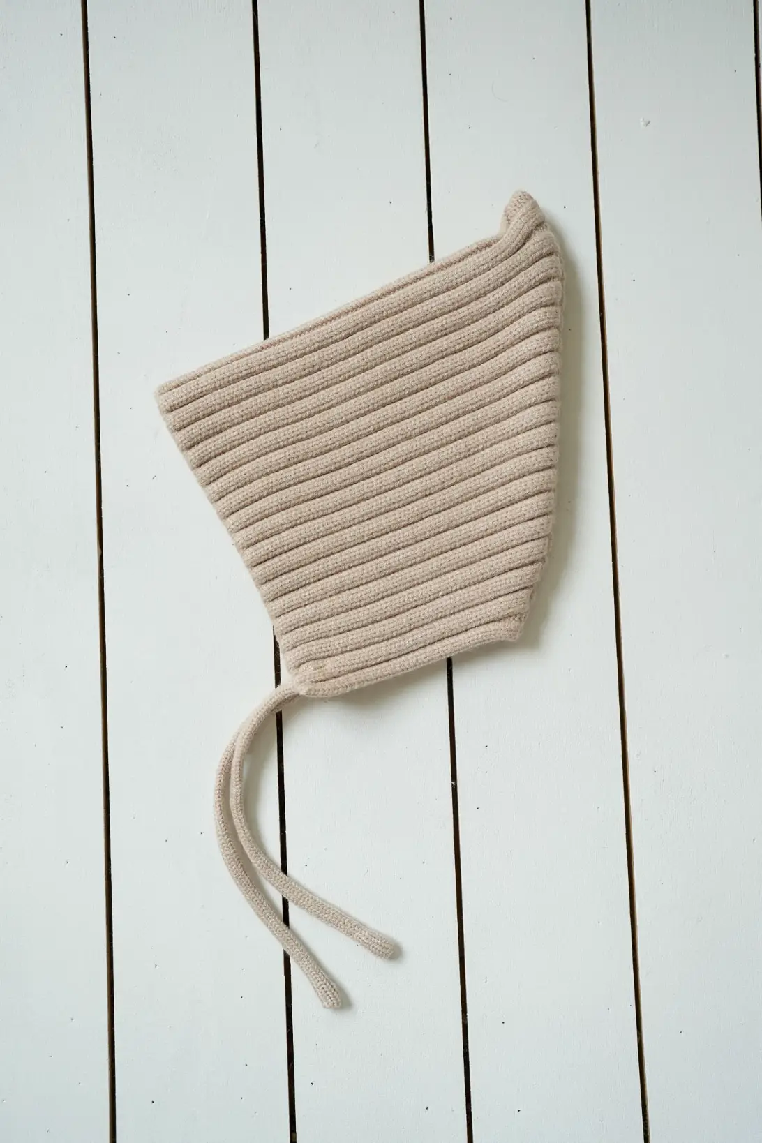 Beige ribbed knit baby pixie bonnet