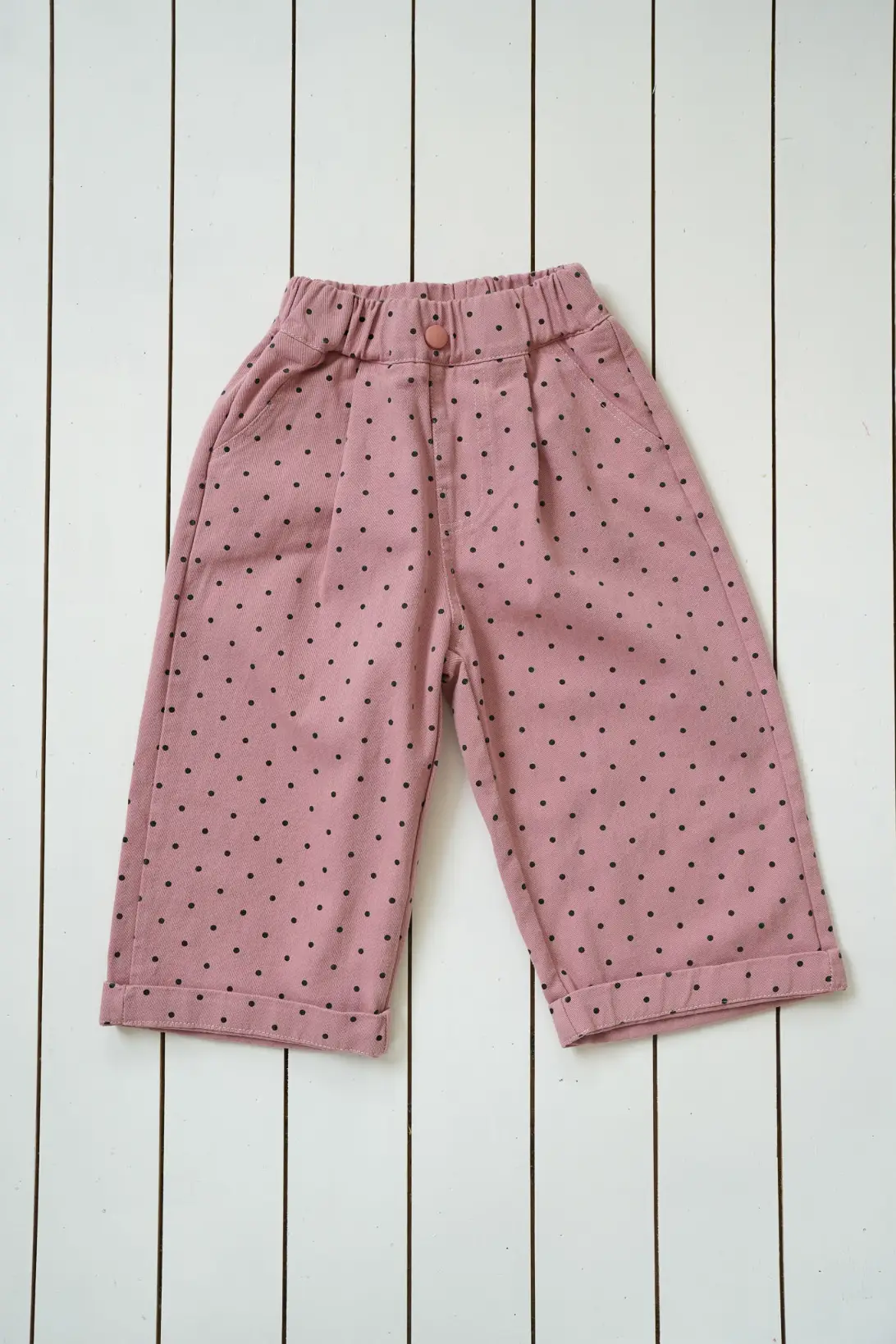 Pink Freckles Pants cotton kids trousers in dusty pink with black dots