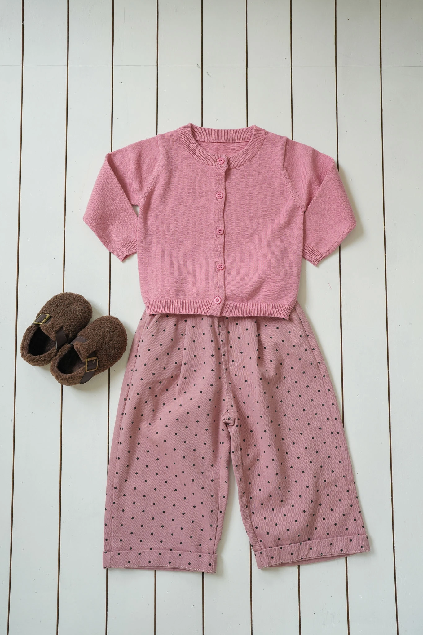 Pink Freckles Pants styled with pink cardigan for kids