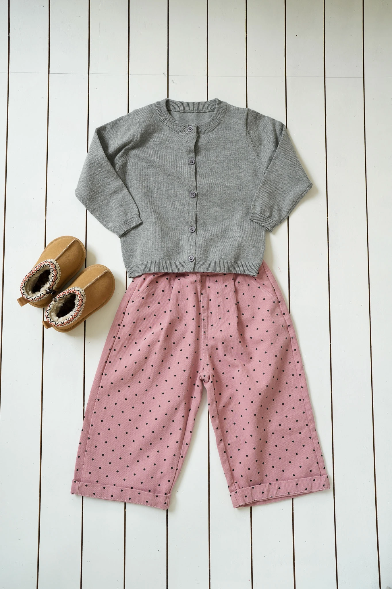 Pink Freckles Pants styled with gray cardigan for kids